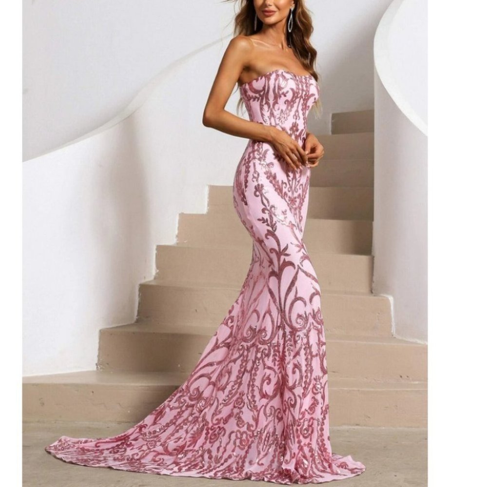 Formal Sequin detail Maxi Dress with train Pink - Picture 4 of 15
